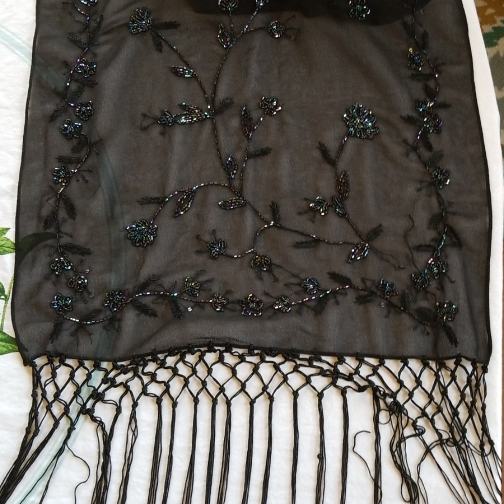 Sheer sequined evening wrap w/ fringe